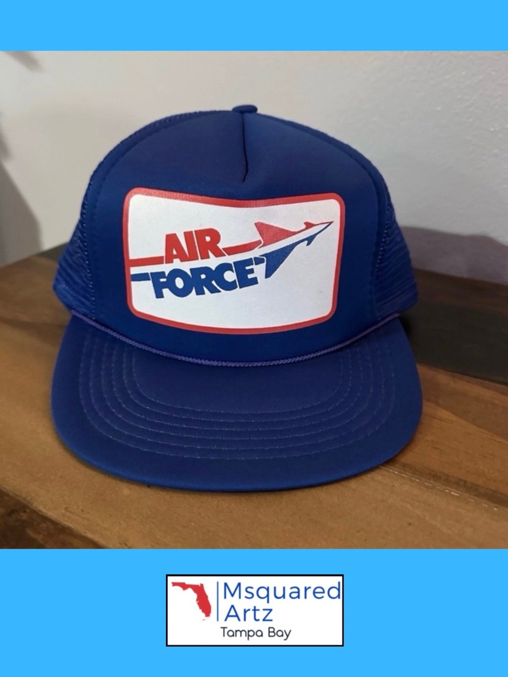 Vintage 1980s Air Force Trucker Hat Blue Mesh Snapback Patriotic Jet Logo